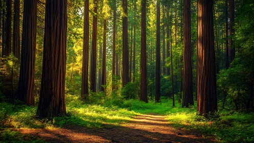 Sunlit Redwood Forest Pathway in a Tranquil Natural Setting.