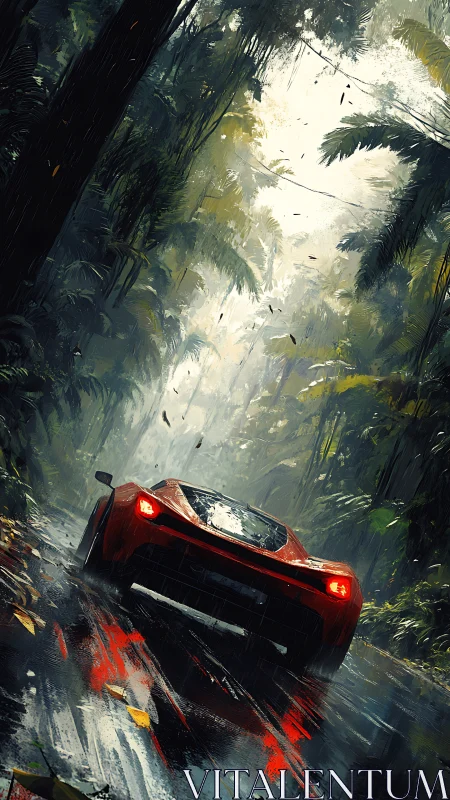 Scarlet supercar slipping through a rainwashed jungle road.