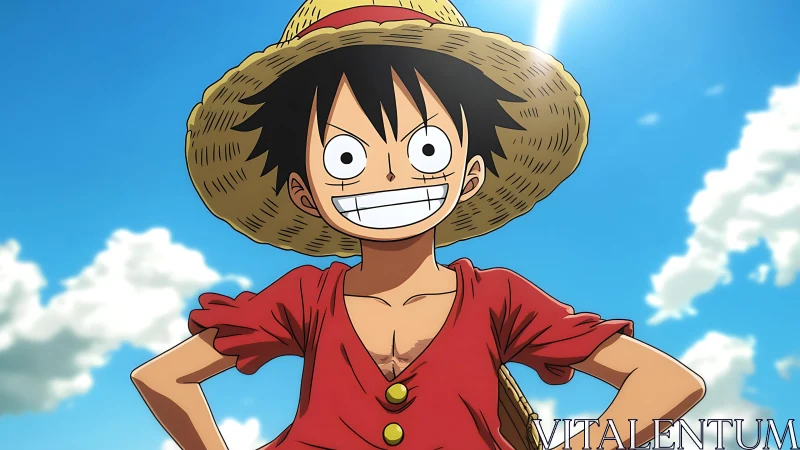 Sunny straw hat hero smiles boldly under a bright sky