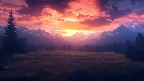 Radiant alpine meadow under volumetric sunset illumination.
