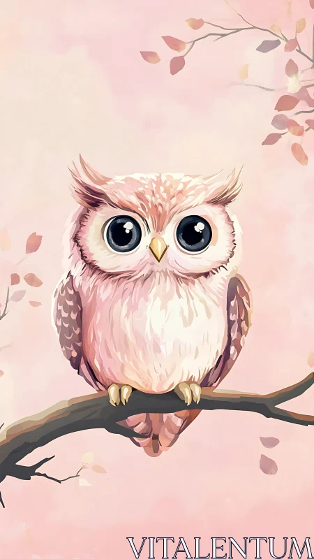 Big-eyed pastel owl perched amid drifting autumn leaves.