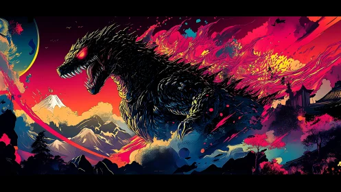 Giant reptilian kaiju over stylized mountains and temples.