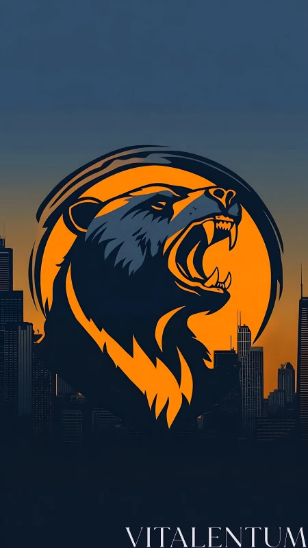 Roaring bear emblem dominating stylized city skyline at dusk.