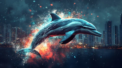 Digital painting of dynamic dolphin over neon city skyline.