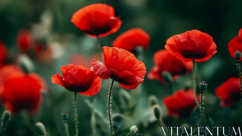 Red Poppies in Field with Green Foliage and Buds.