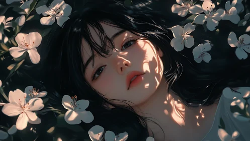 Soft sunlight kisses a serene girl resting among blossoms