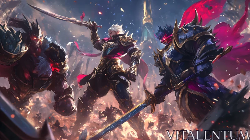 Blazing warlords carve a storm of steel through embered dusk