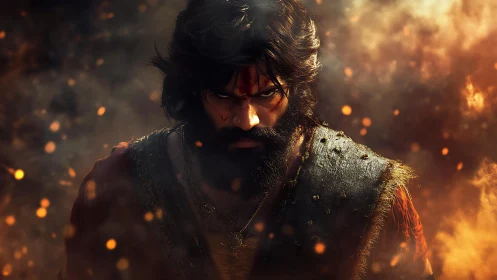 Brooding warrior amid burning embers and drifting smoke.