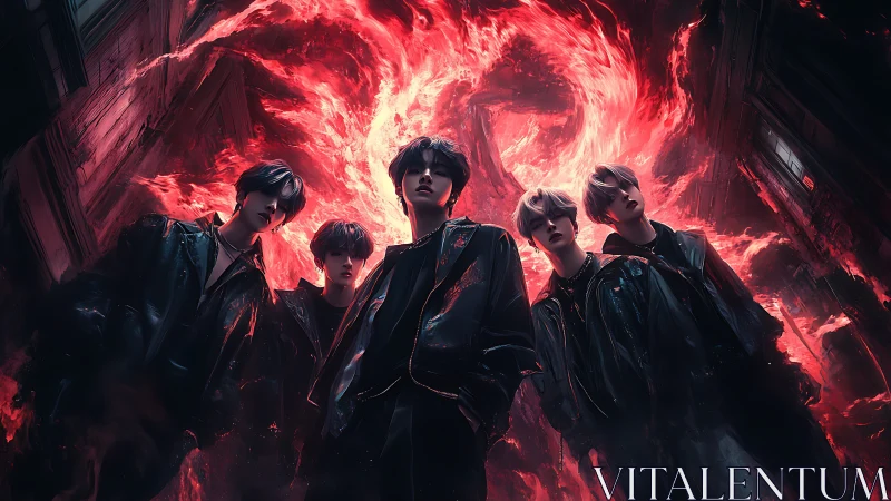 Five dark-clad youths under swirling fiery red vortex sky.
