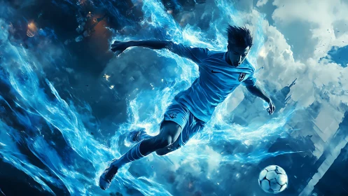 Electric soccer striker surrounded by dynamic blue energy.