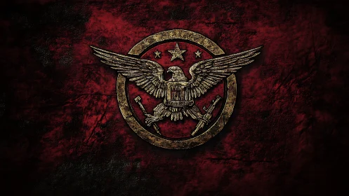 Metallic war eagle emblem over distressed crimson field.