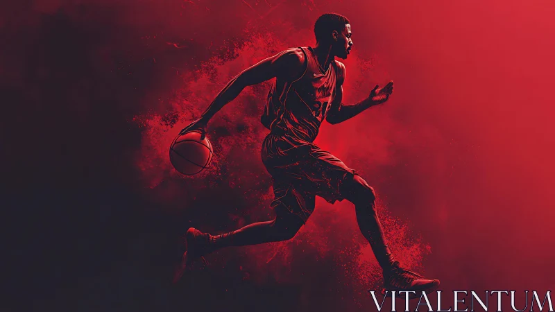 Dynamic basketball player leaps through bold red energy haze