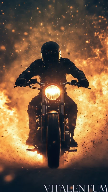 Firestorm rider charges through blazing cinematic inferno.