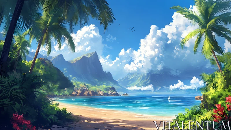 Tropical coastal landscape with mountainous backdrop and beach setting