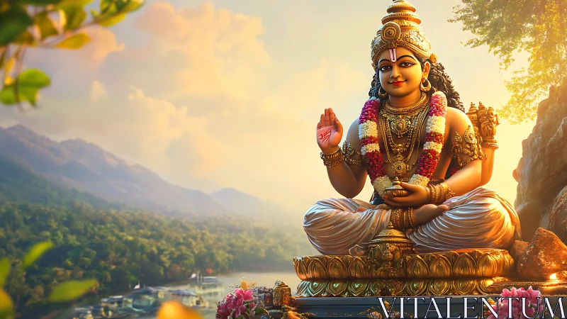 Golden riverfront deity in serene mountain sunrise glow.