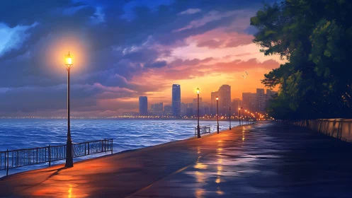 Waterfront promenade with city skyline at coastal sunset.