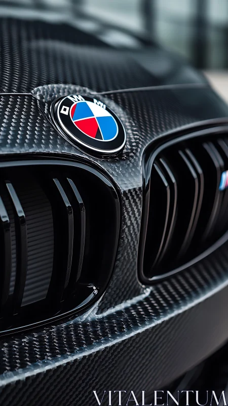 Close-up carbon fiber BMW grille with emblem and gloss reflections