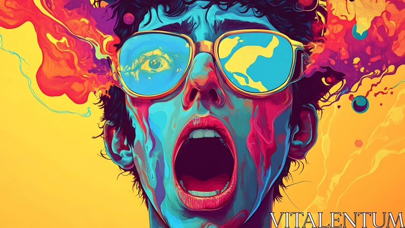 Hyper-saturated portrait with fluid paint explosions and mirrored lenses