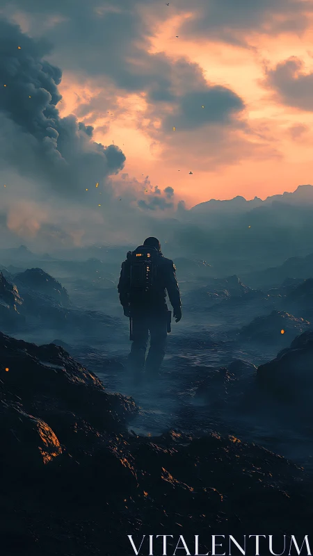 Solitary explorer crossing ember-lit volcanic wasteland.