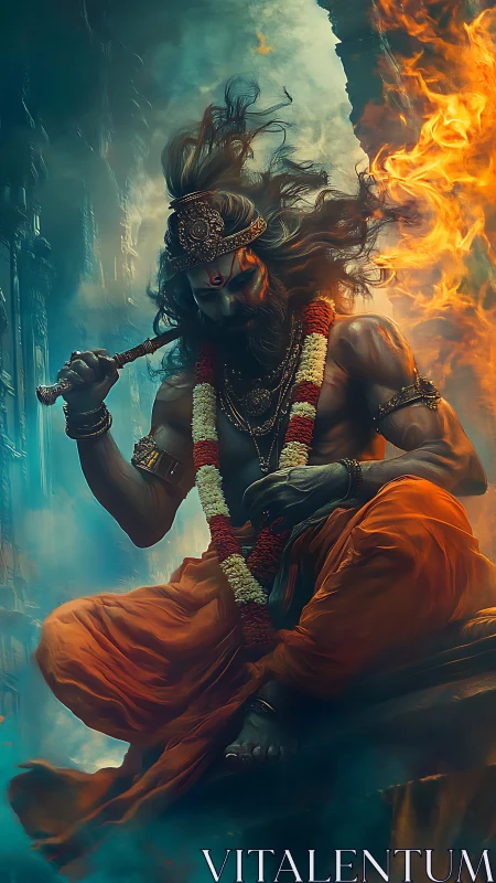 Fiery warrior sage sits amid swirling smoke and flames