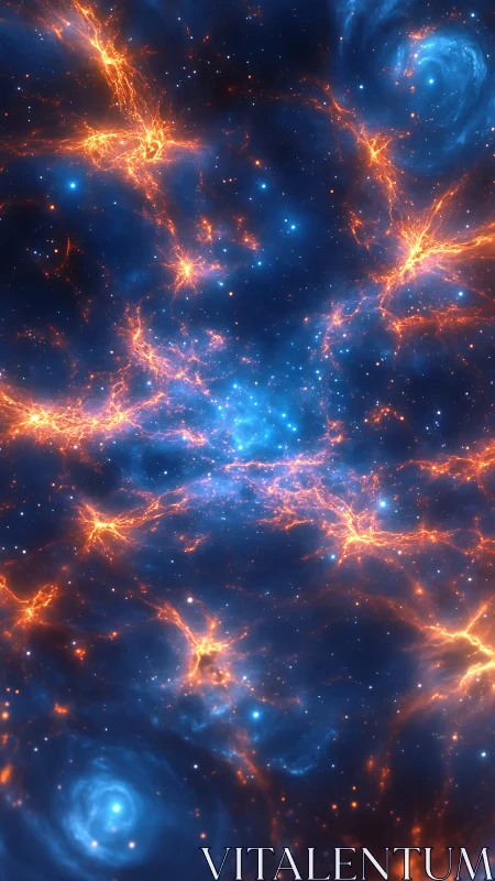 Nebula filaments glow in a blazing blue and orange cosmos.