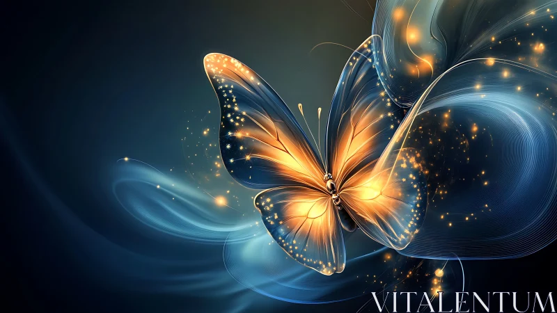 Digital luminous butterfly with abstract flowing trails.