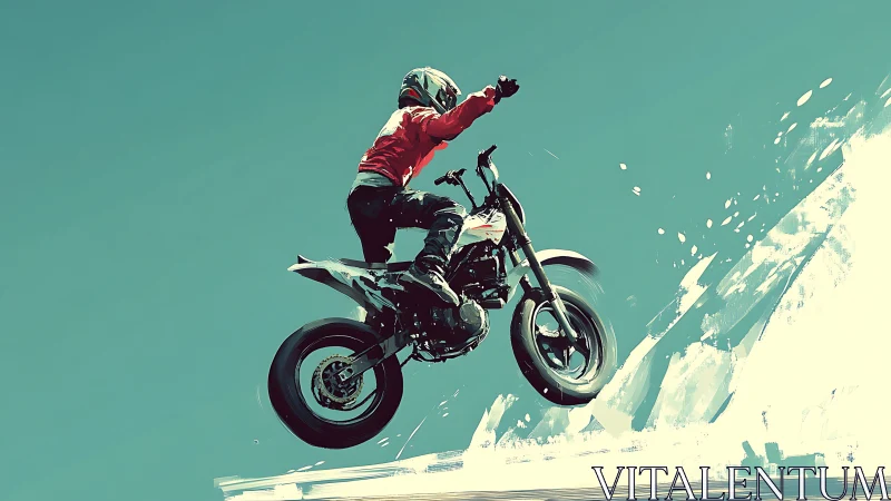 Motocross rider airborne over abstract snow ramp, teal sky