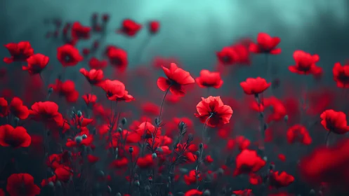 Red Poppies Sway in a Misty Dreamlike Garden