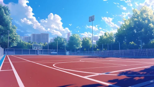 Empty outdoor basketball court under clear summer sky
