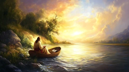 Sunlit river prayer in a lone boat at heaven-bright dawn.
