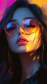 Stylized woman in sunglasses under vivid neon lighting.