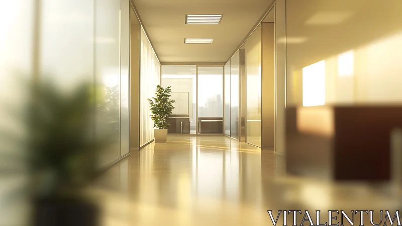Sunlit modern office corridor with glass walls and plants.