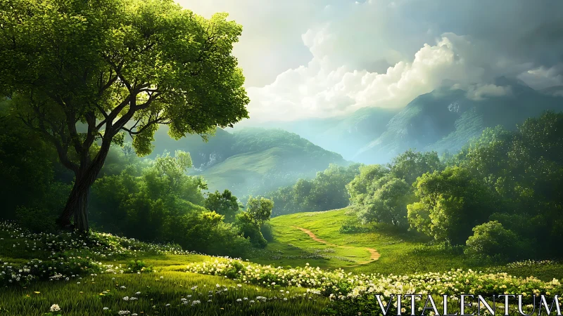 Sunlit meadow with solitary tree before distant hills.