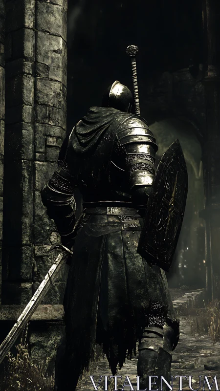 Weathered knight pauses on a lonely, crumbling stone path