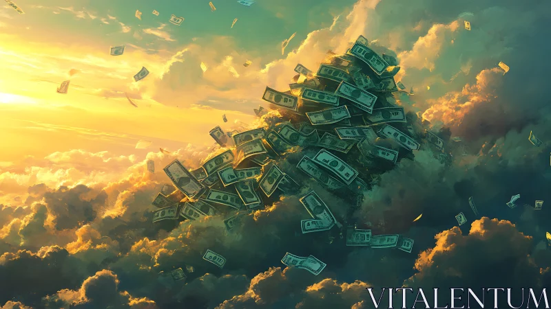 Dreamy cloudburst of flying money in golden evening light.