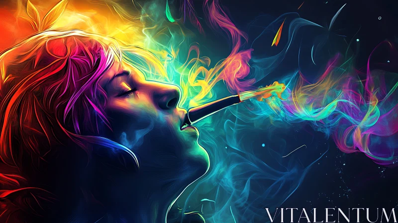 Profile view of person exhaling multicolored digital smoke.