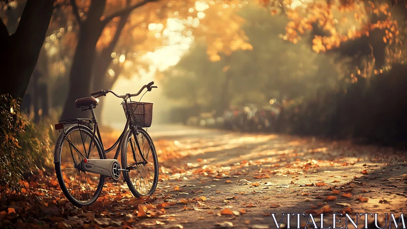 Vintage bicycle with wicker basket on tree-lined autumn path bathed in golden hour sunlight
