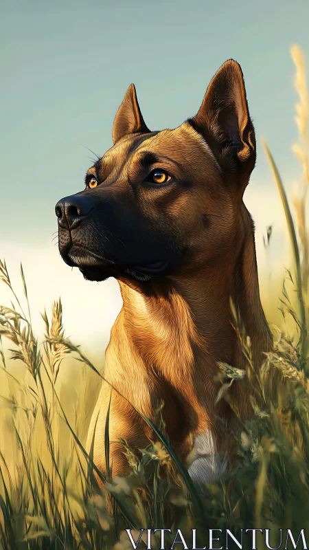 Alert brown dog in tall golden grass at sunset light.