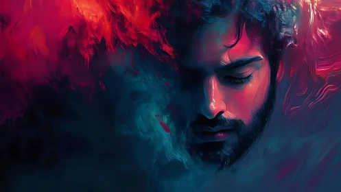 Male portrait in red and blue abstract digital paint.