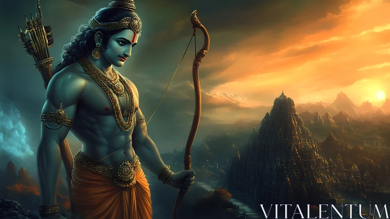 Digital painting of mythic archer against temple skyline at dusk.