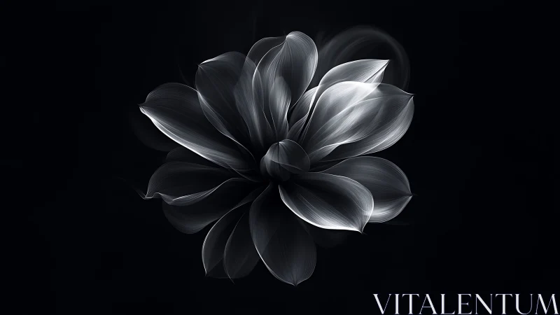 Monochrome lotus bloom glows over deep black void.
