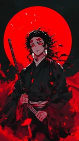 Samurai swordsman stands before oversized crimson moon in silhouette