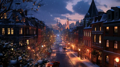 Snow covered city street with illuminated buildings at dusk.