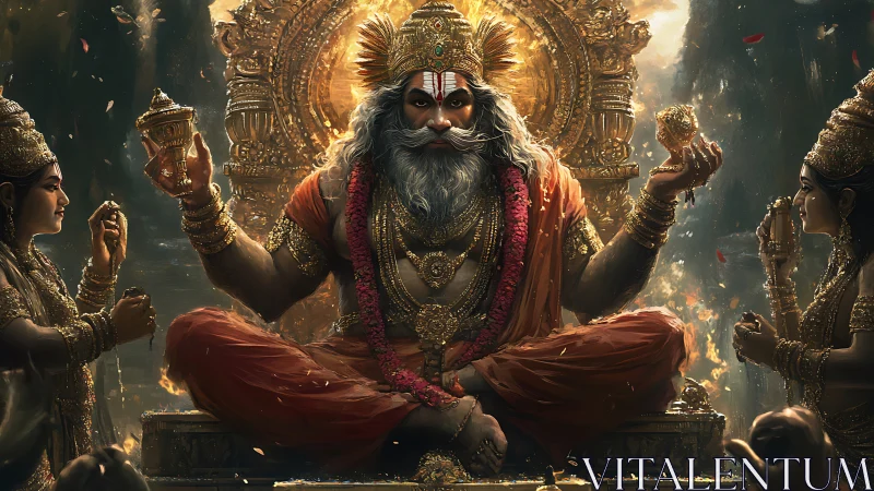 Regal bearded deity seated on ornate golden throne.