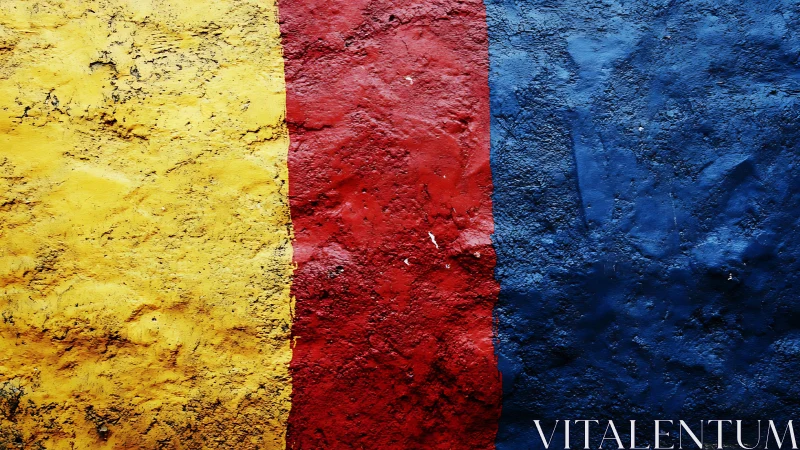 Tricolor textured wall with bold yellow, red, blue bands.