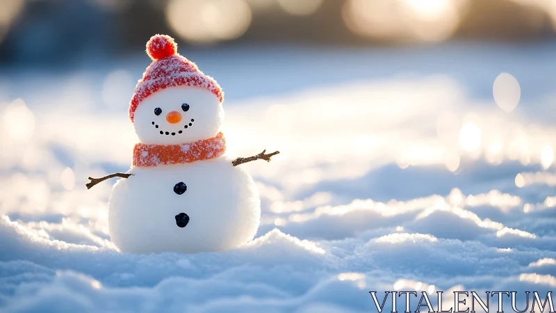 Tiny snowman grins in golden winter light on sparkling snow.