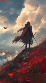Windborne swordsman surveying crimson ridge horizon.