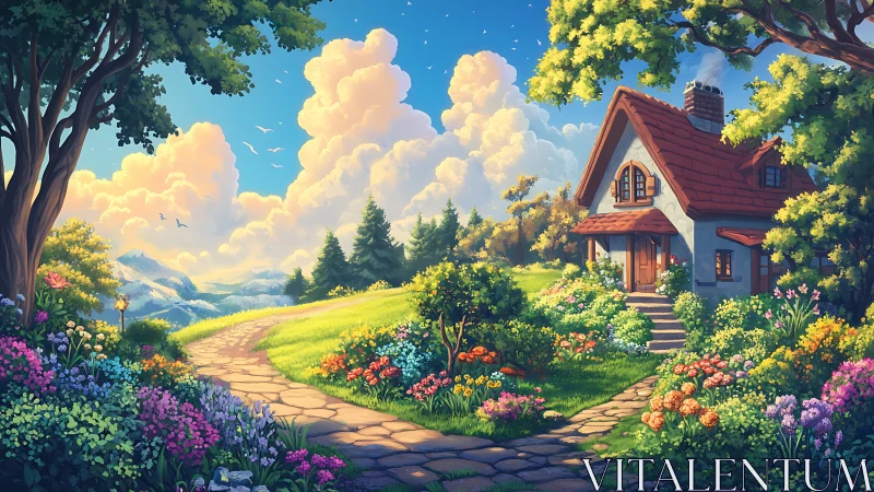 Cottage garden path under bright clouds and summer light.