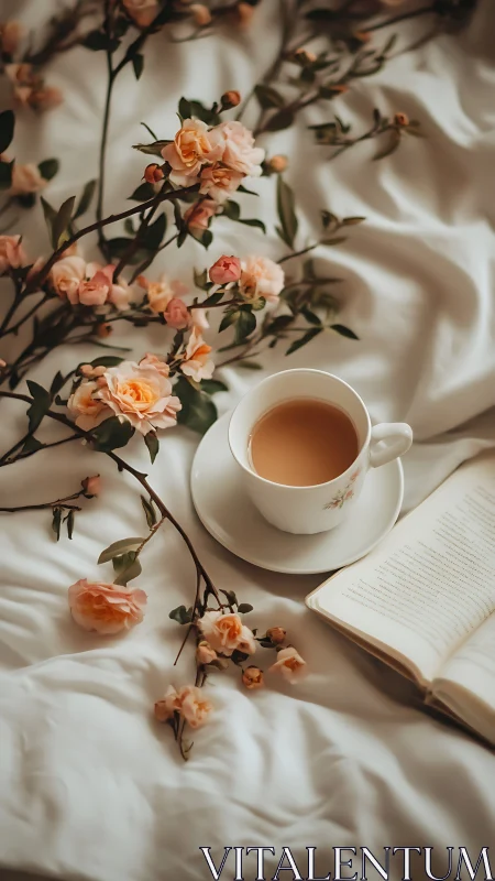 Cup of tea and open book on fabric with scattered flowers.