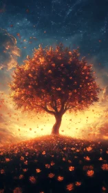 Digital painting of luminous blossom tree under cosmic sky.